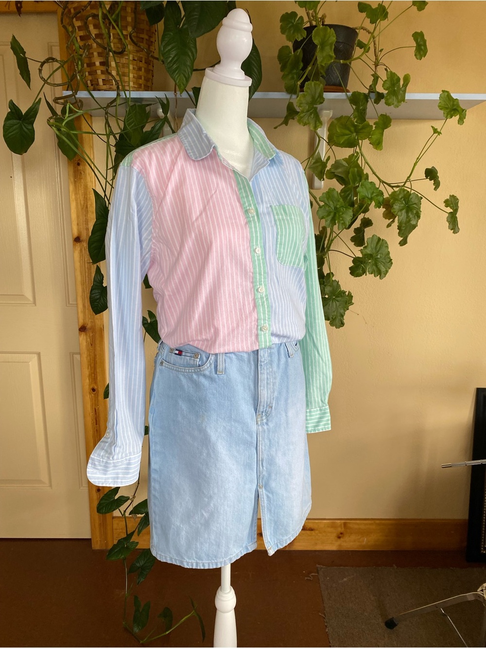Lands End Striped Oxford Shirt Pastel Preppy Coastal Button Down Petite L